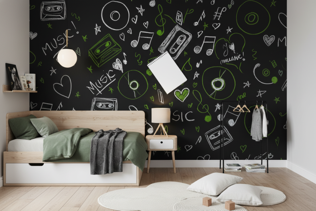 Papier Peint Musical Rétro Chalk Art Vert et Blanc - Chambre enfant