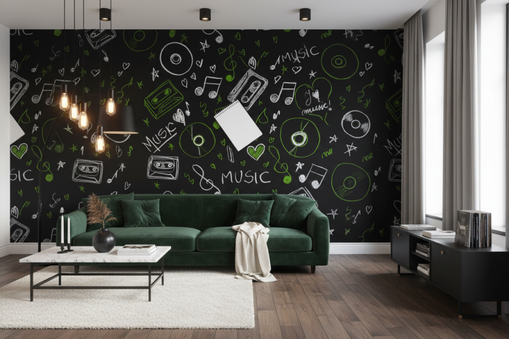 Papier Peint Musical Rétro Chalk Art Vert et Blanc - Salon / Séjour