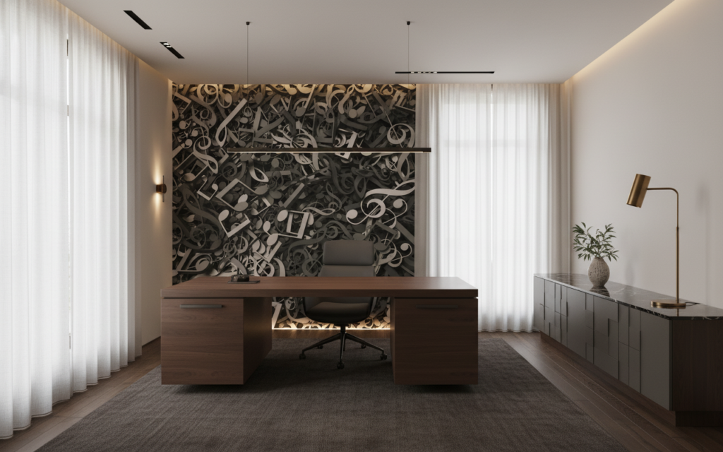 Papier Peint Musical Symphonie Notes de Musique Gris Taupe - Bureau