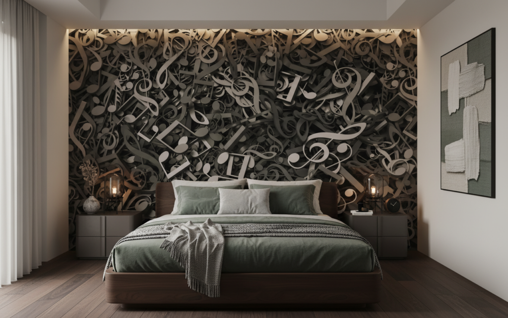 Papier Peint Musical Symphonie Notes de Musique Gris Taupe - Chambre adulte