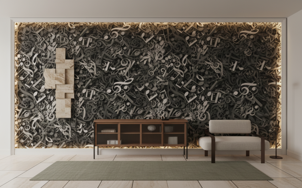 Papier Peint Musical Symphonie Notes de Musique Gris Taupe - Entrée