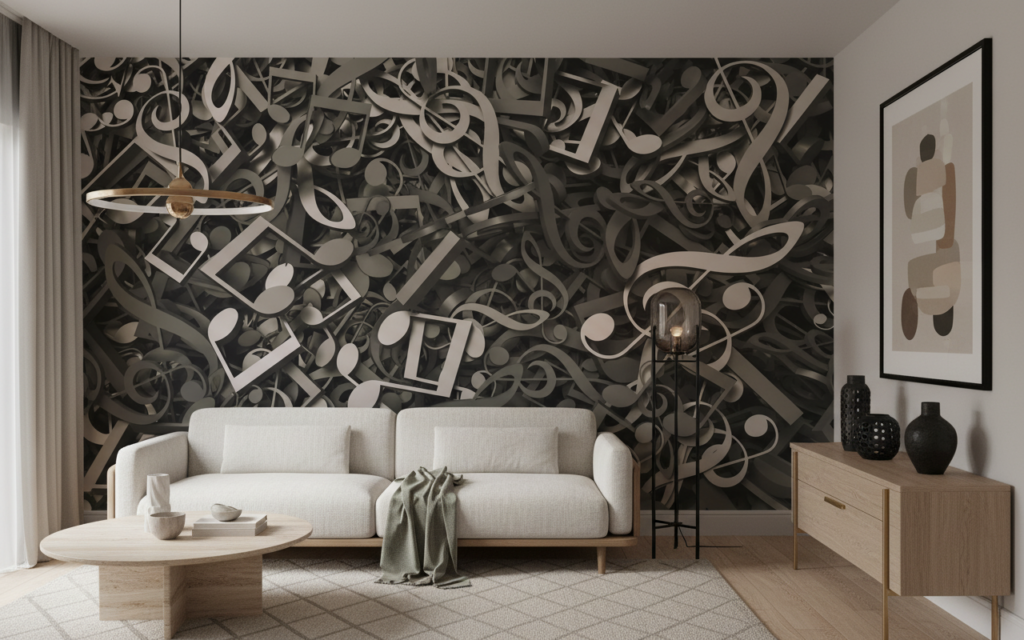 Papier Peint Musical Symphonie Notes de Musique Gris Taupe - Salon / Séjour