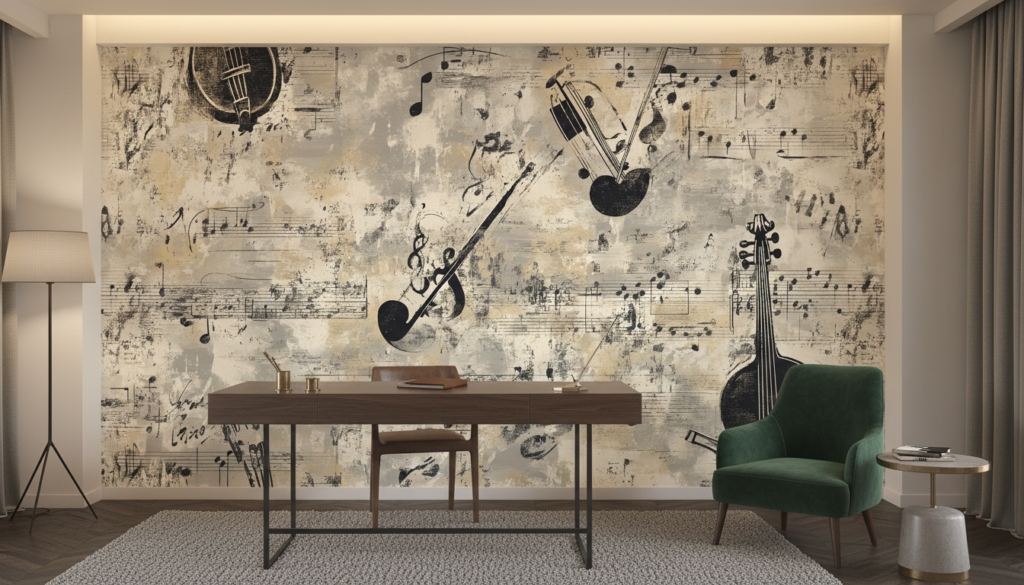 Papier Peint Musical Vintage aux Instruments et Partitions Anciennes - Bureau