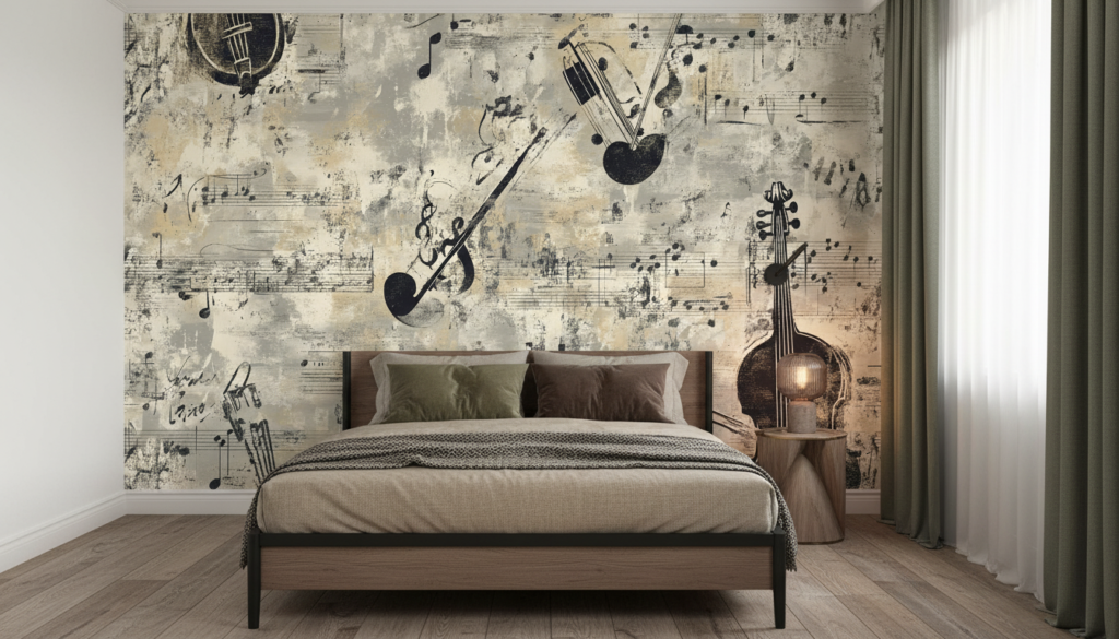 Papier Peint Musical Vintage aux Instruments et Partitions Anciennes - Chambre adulte