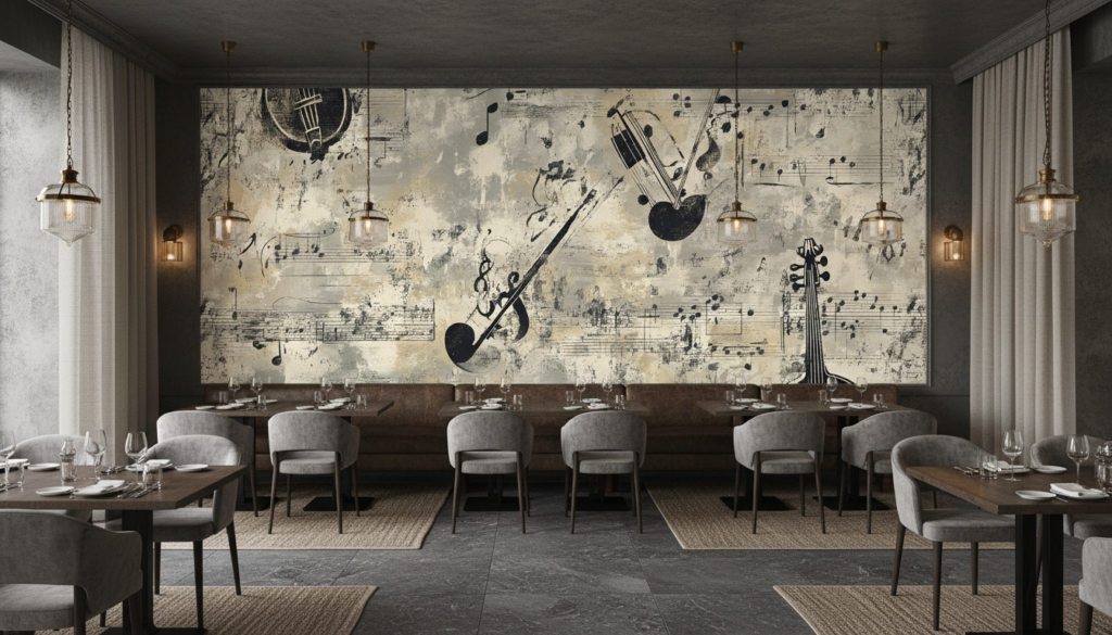 Papier Peint Musical Vintage aux Instruments et Partitions Anciennes - Restaurant