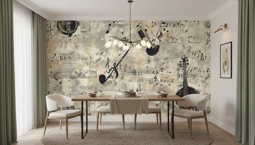 Papier Peint Musical Vintage aux Instruments et Partitions Anciennes - Salle à manger
