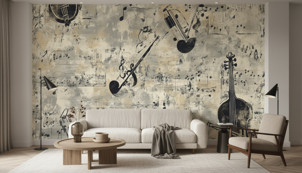 Papier Peint Musical Vintage aux Instruments et Partitions Anciennes - Salon / Séjour