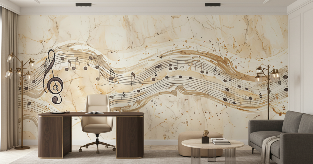 Papier Peint Musical Vintage aux Notes Dorées sur Marbre - Bureau
