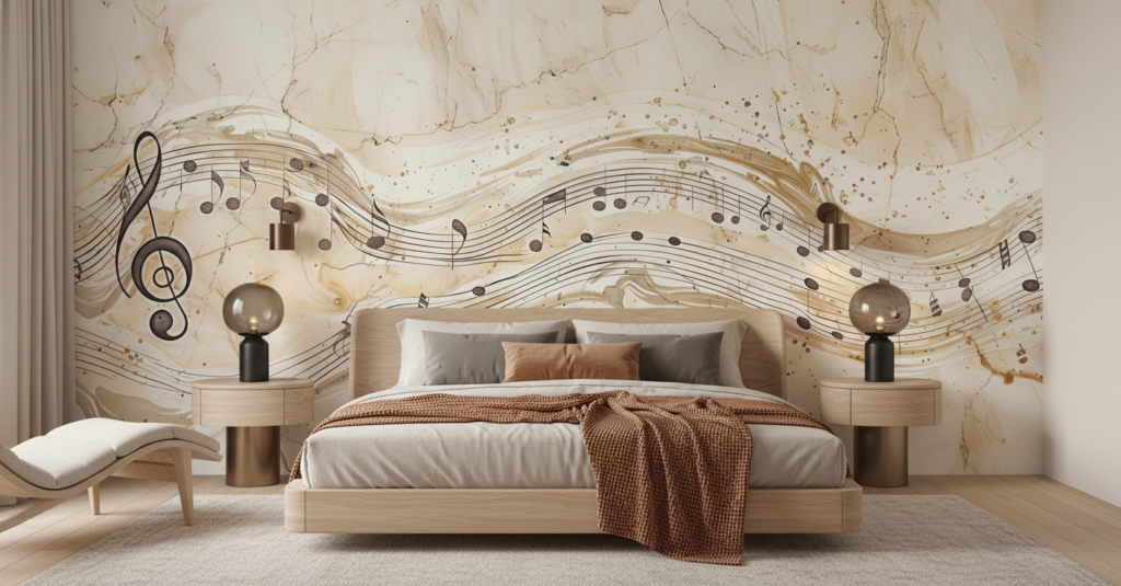 Papier Peint Musical Vintage aux Notes Dorées sur Marbre - Chambre adulte