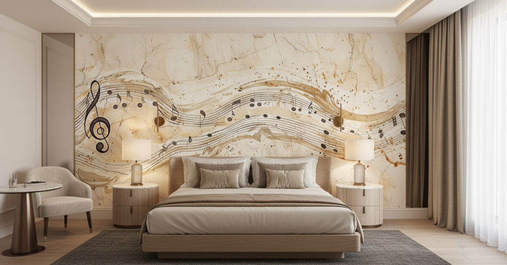 Papier Peint Musical Vintage aux Notes Dorées sur Marbre - Hôtel