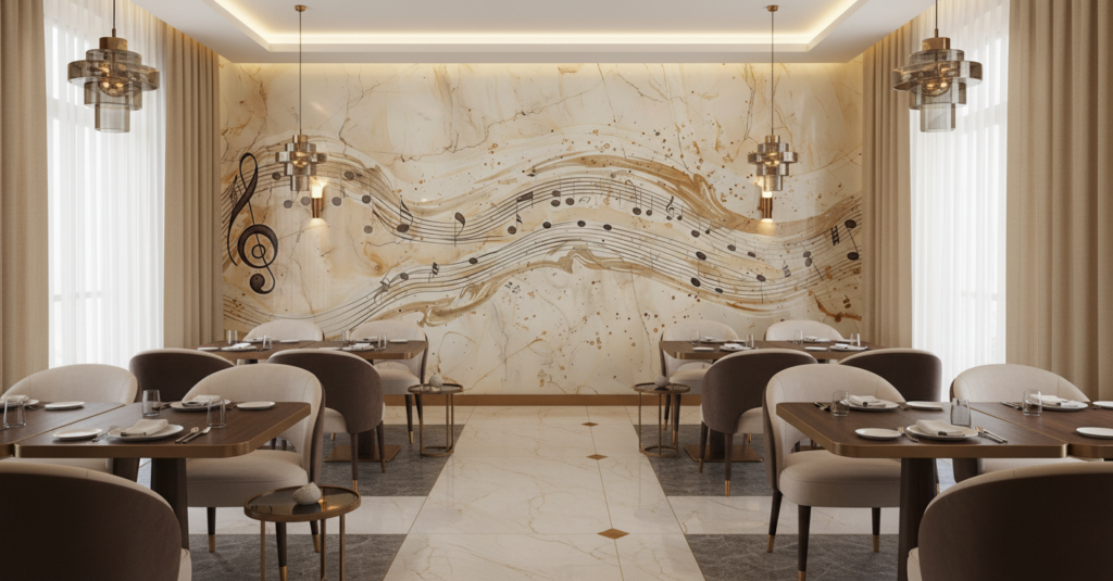 Papier Peint Musical Vintage aux Notes Dorées sur Marbre - Restaurant