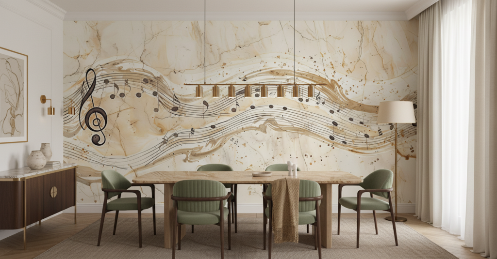 Papier Peint Musical Vintage aux Notes Dorées sur Marbre - Salle à manger