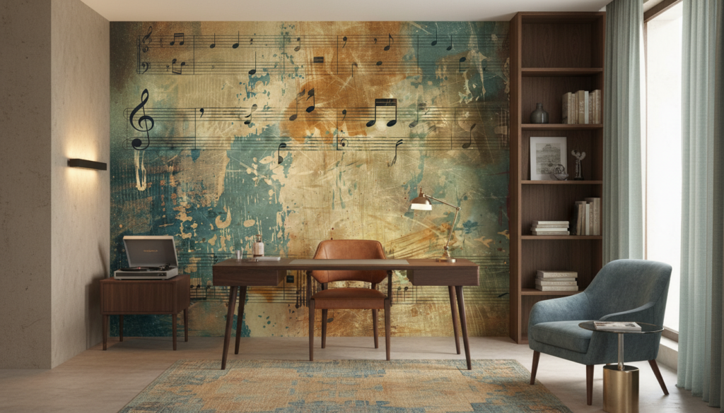 Papier Peint Musical Vintage aux Notes Dorées et Bleues - Bureau
