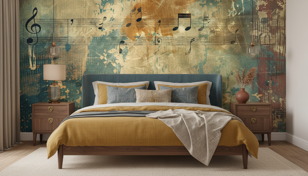 Papier Peint Musical Vintage aux Notes Dorées et Bleues - Chambre adulte