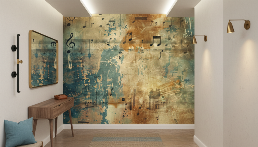 Papier Peint Musical Vintage aux Notes Dorées et Bleues - Couloir