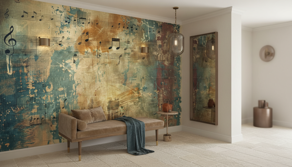 Papier Peint Musical Vintage aux Notes Dorées et Bleues - Entrée