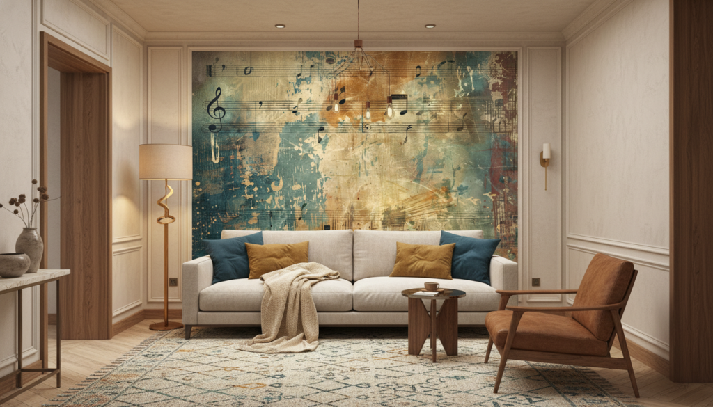 Papier Peint Musical Vintage aux Notes Dorées et Bleues - Salon / Séjour