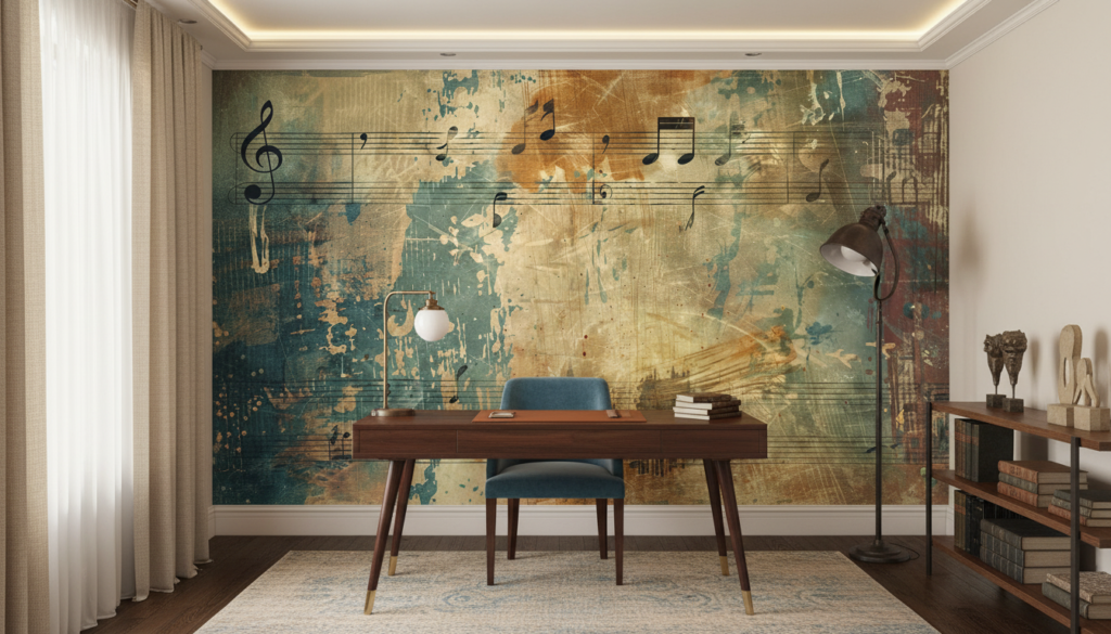 Papier peint musical vintage aux notes dorées et bleues - Bureau