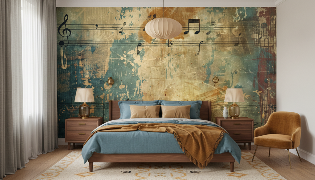 Papier peint musical vintage aux notes dorées et bleues - Chambre adulte