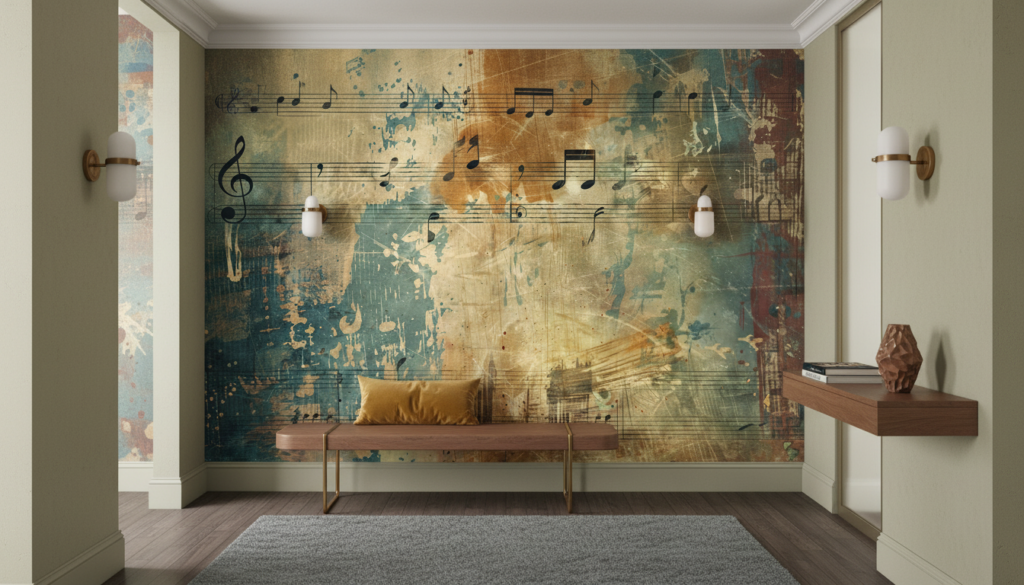 Papier peint musical vintage aux notes dorées et bleues - Couloir