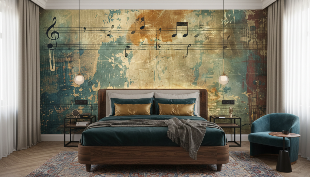 Papier peint musical vintage aux notes dorées et bleues - Hôtel