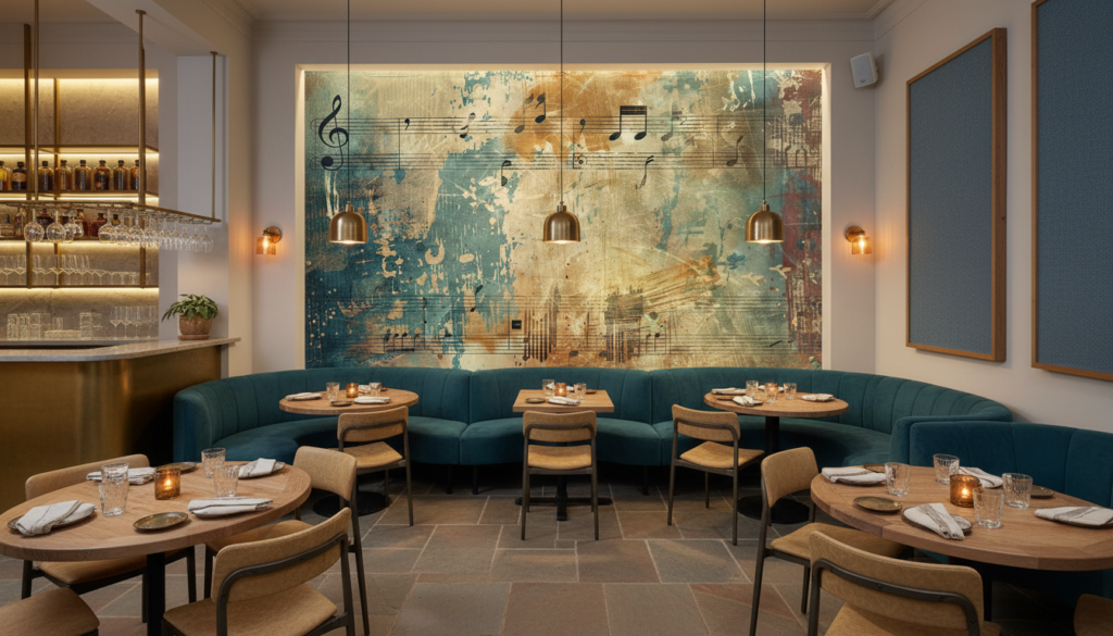 Papier peint musical vintage aux notes dorées et bleues - Restaurant