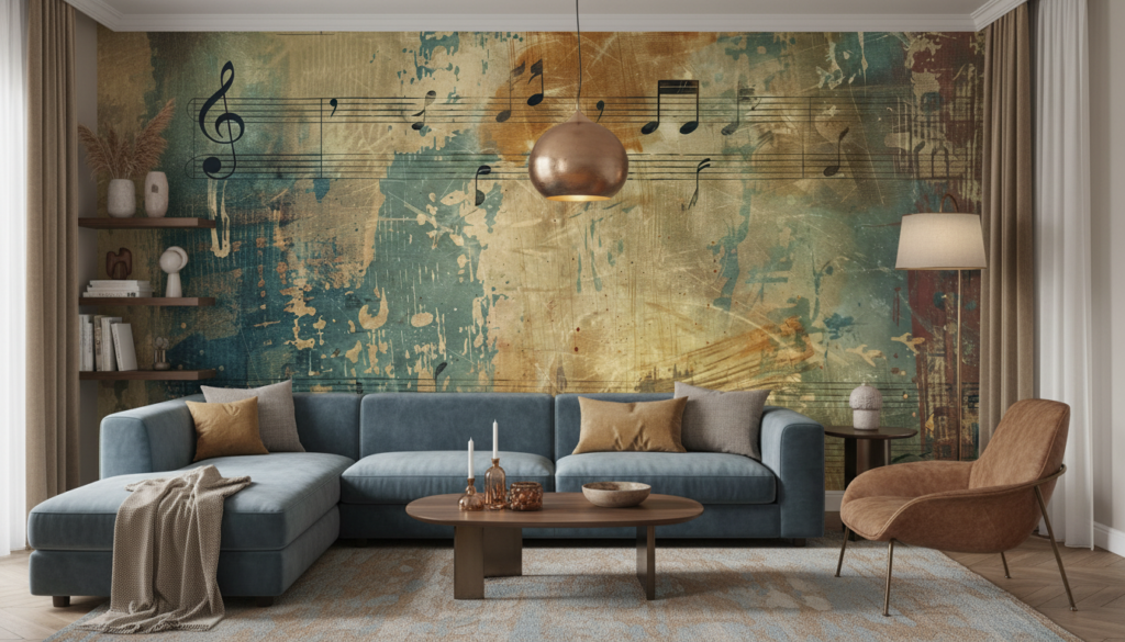 Papier peint musical vintage aux notes dorées et bleues - Salon / Séjour