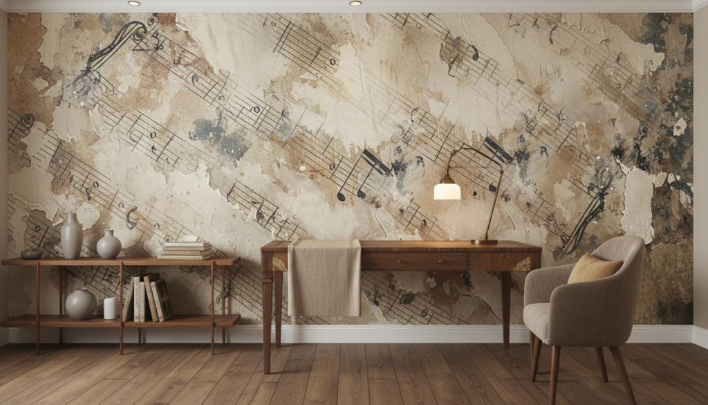 Papier Peint Musical Vintage aux Tons Beiges et Ocres - Bureau