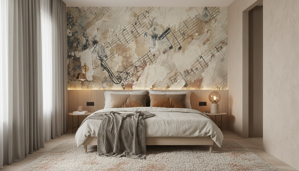 Papier Peint Musical Vintage aux Tons Beiges et Ocres - Chambre adulte