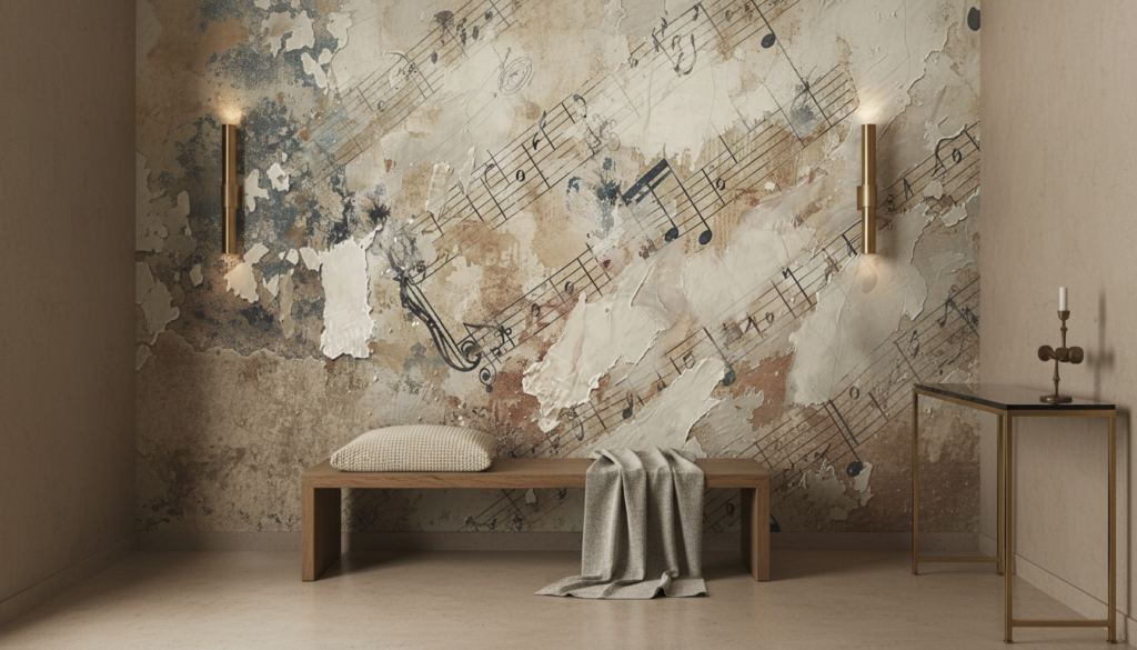 Papier Peint Musical Vintage aux Tons Beiges et Ocres - Couloir