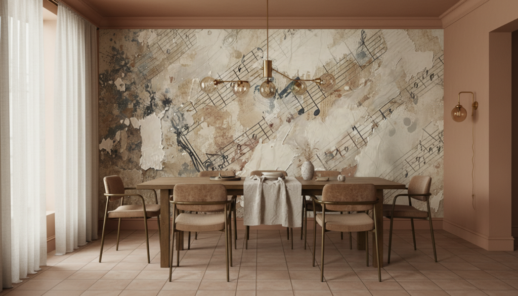 Papier Peint Musical Vintage aux Tons Beiges et Ocres - Salle à manger