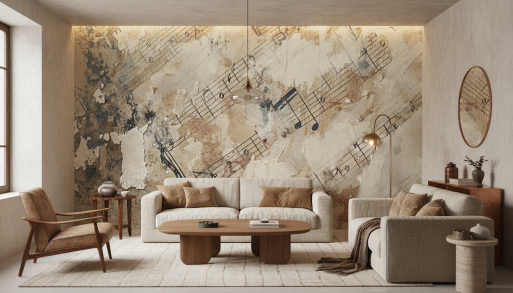 Papier Peint Musical Vintage aux Tons Beiges et Ocres - Salon / Séjour