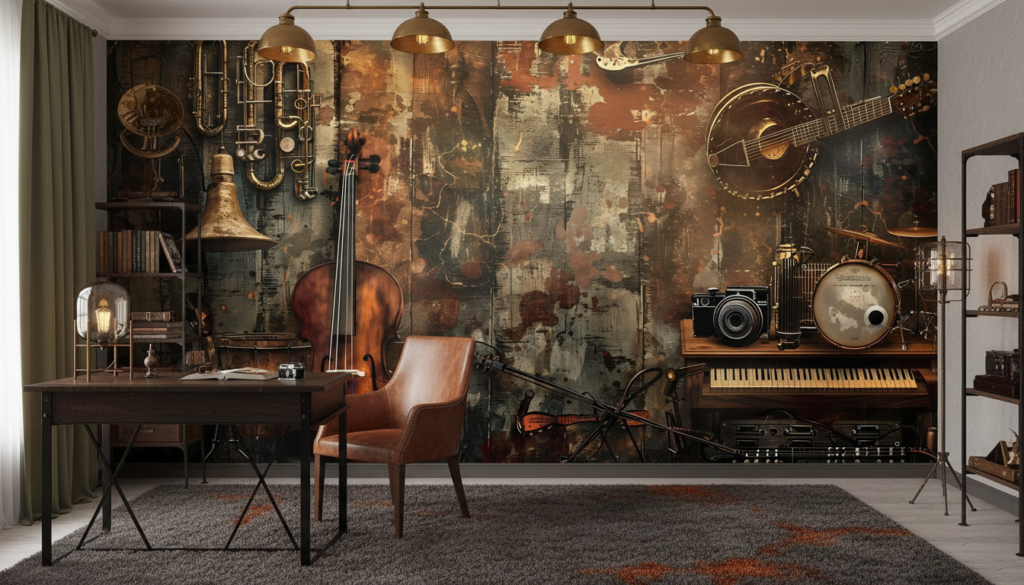 Papier Peint Musical Vintage avec Instruments Acoustiques sur Fond Grunge - Bureau