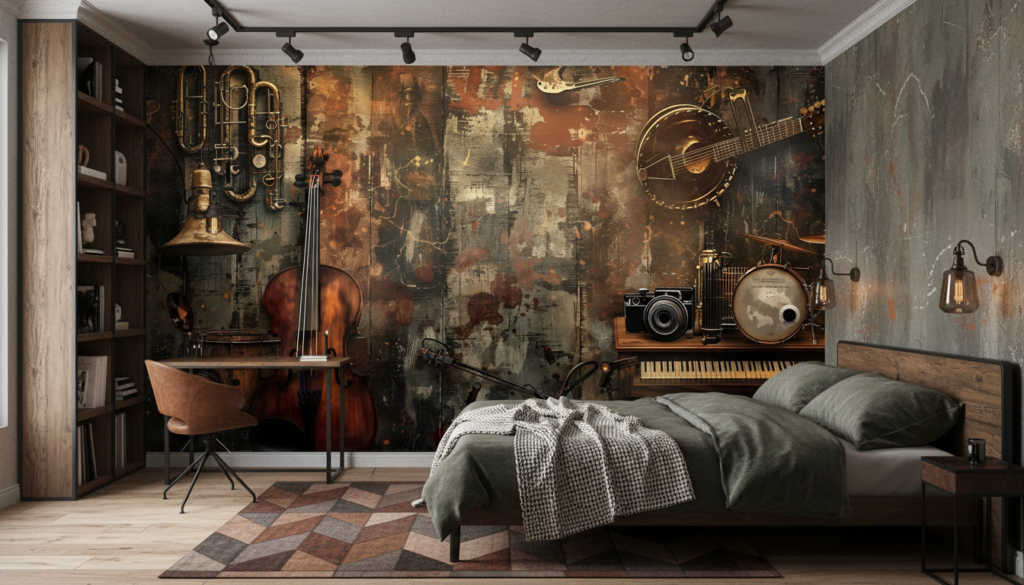 Papier Peint Musical Vintage avec Instruments Acoustiques sur Fond Grunge - Chambre ado