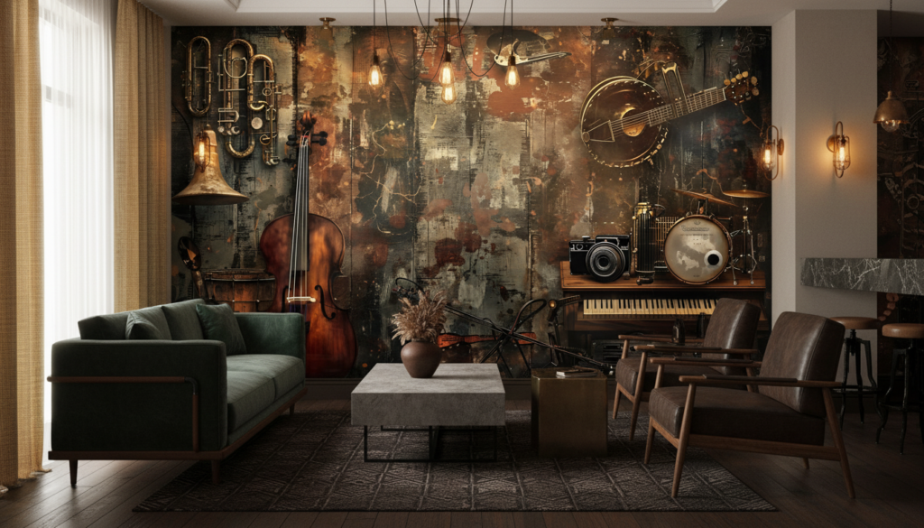 Papier Peint Musical Vintage avec Instruments Acoustiques sur Fond Grunge - Restaurant