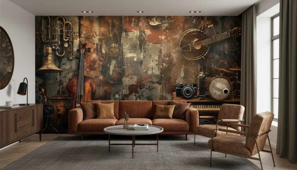 Papier Peint Musical Vintage avec Instruments Acoustiques sur Fond Grunge - Salon / Séjour