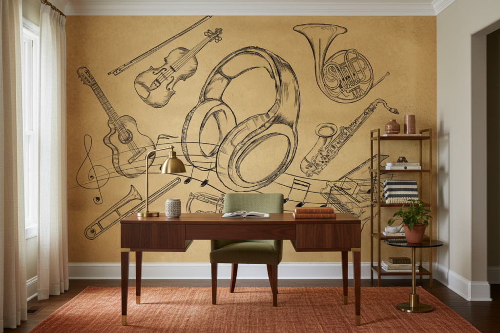 Papier Peint Musical Vintage avec Instruments et Partitions Classiques - Bureau