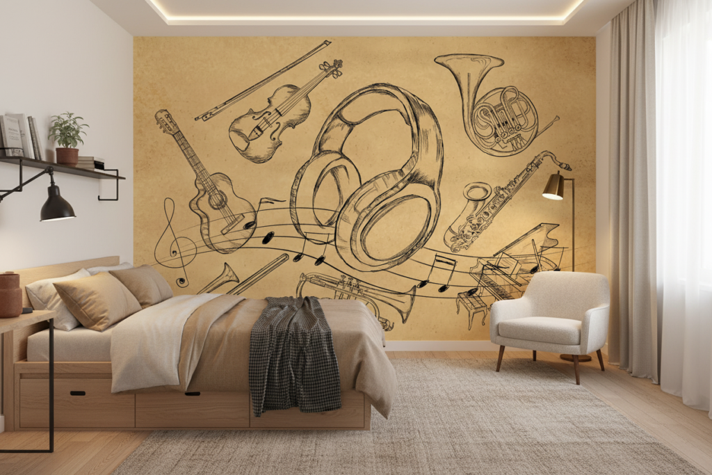 Papier Peint Musical Vintage avec Instruments et Partitions Classiques - Chambre ado