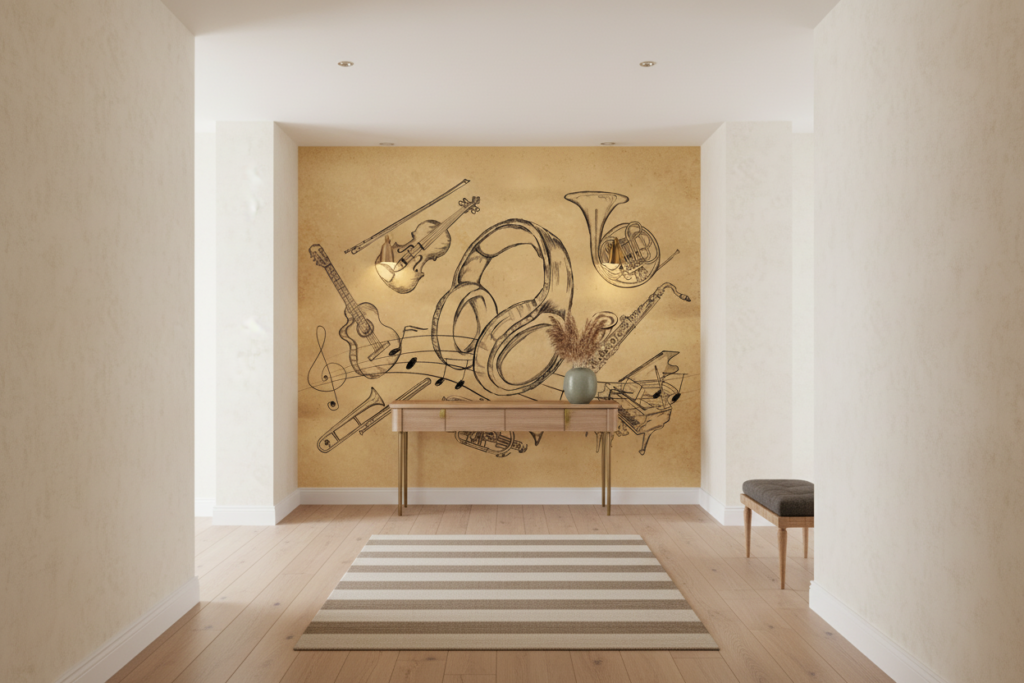 Papier Peint Musical Vintage avec Instruments et Partitions Classiques - Couloir