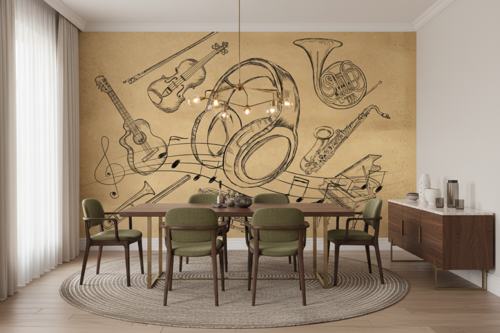 Papier Peint Musical Vintage avec Instruments et Partitions Classiques - Salle à manger