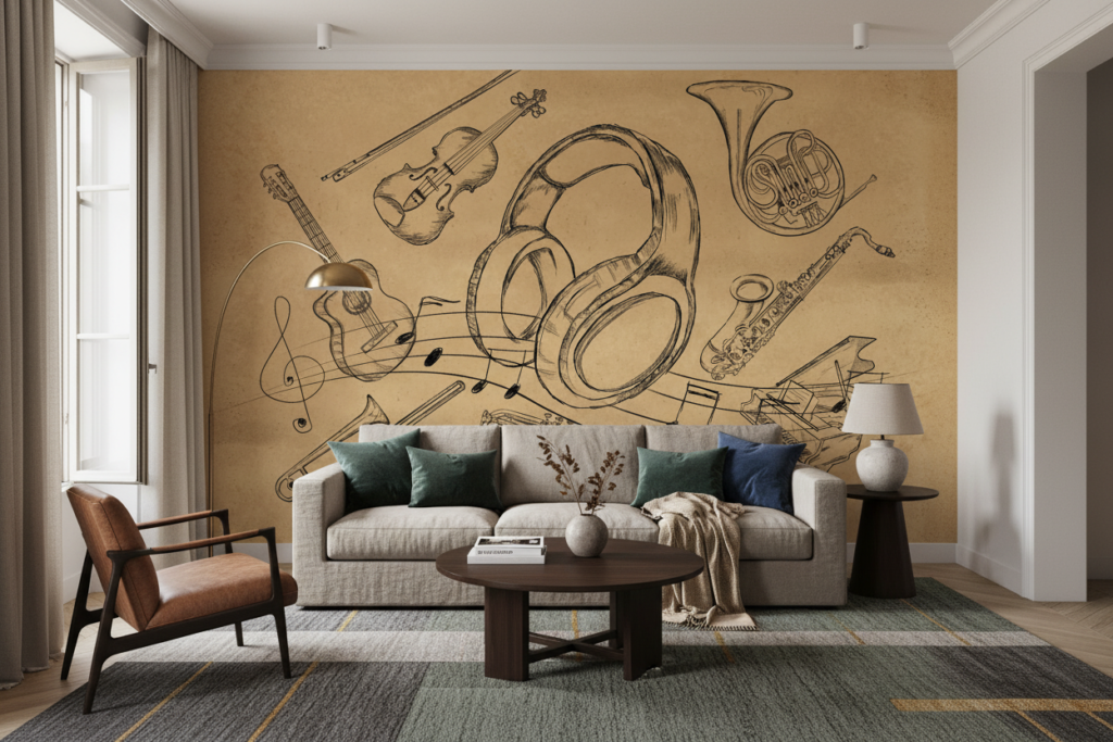 Papier Peint Musical Vintage avec Instruments et Partitions Classiques - Salon / Séjour