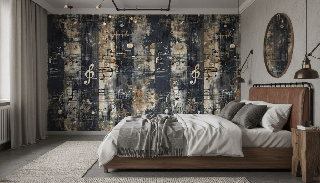 Papier Peint Musical Vintage Partition Notes Musique Grunge Industriel - Chambre adulte