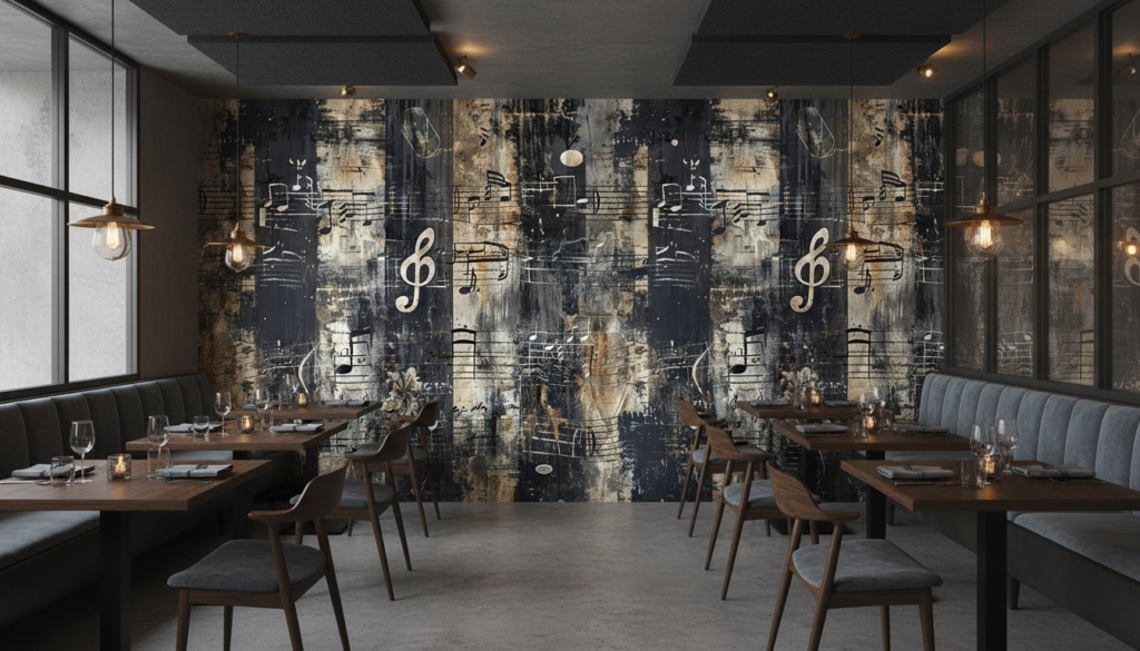 Papier Peint Musical Vintage Partition Notes Musique Grunge Industriel - Restaurant