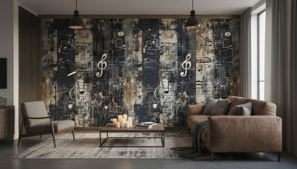 Papier Peint Musical Vintage Partition Notes Musique Grunge Industriel - Salon / Séjour