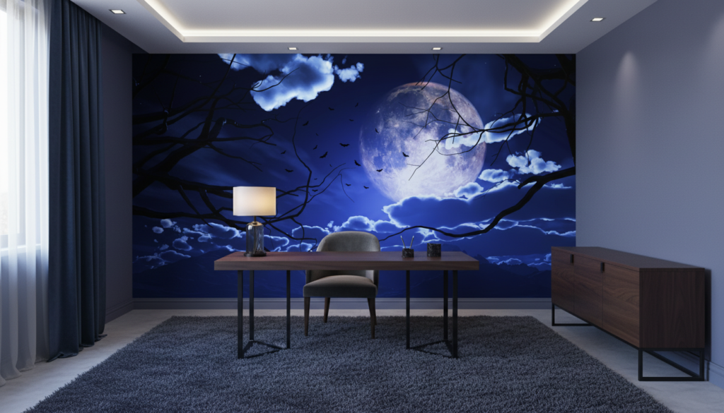 Papier peint mystérieux nuit étoilée pleine lune branches gothiques - Bureau