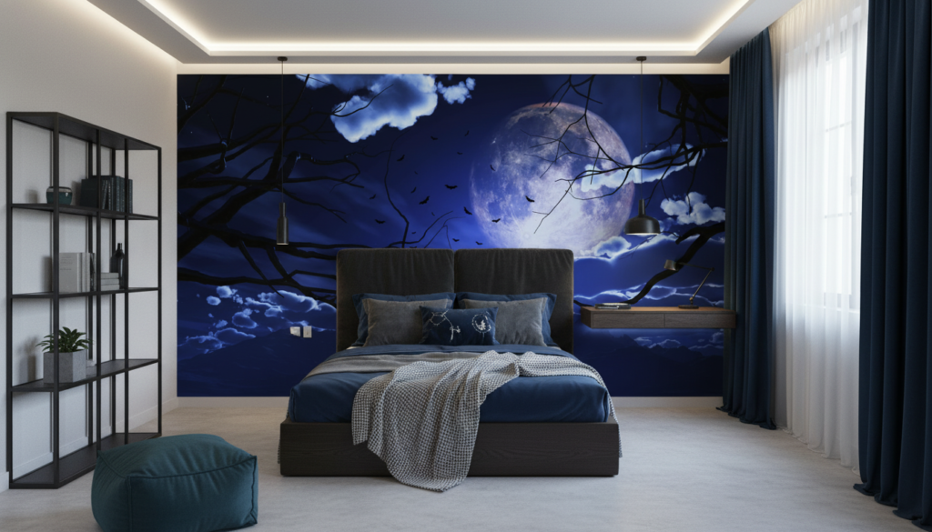 Papier peint mystérieux nuit étoilée pleine lune branches gothiques - Chambre ado