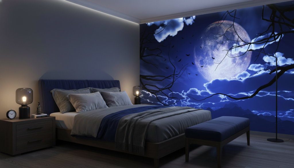 Papier peint mystérieux nuit étoilée pleine lune branches gothiques - Chambre adulte