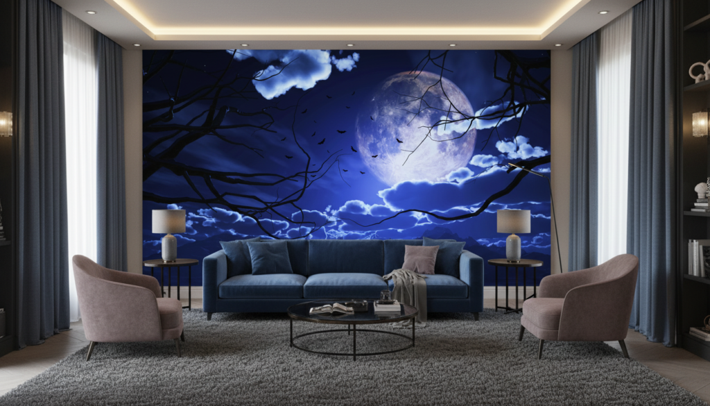 Papier peint mystérieux nuit étoilée pleine lune branches gothiques - Salon / Séjour