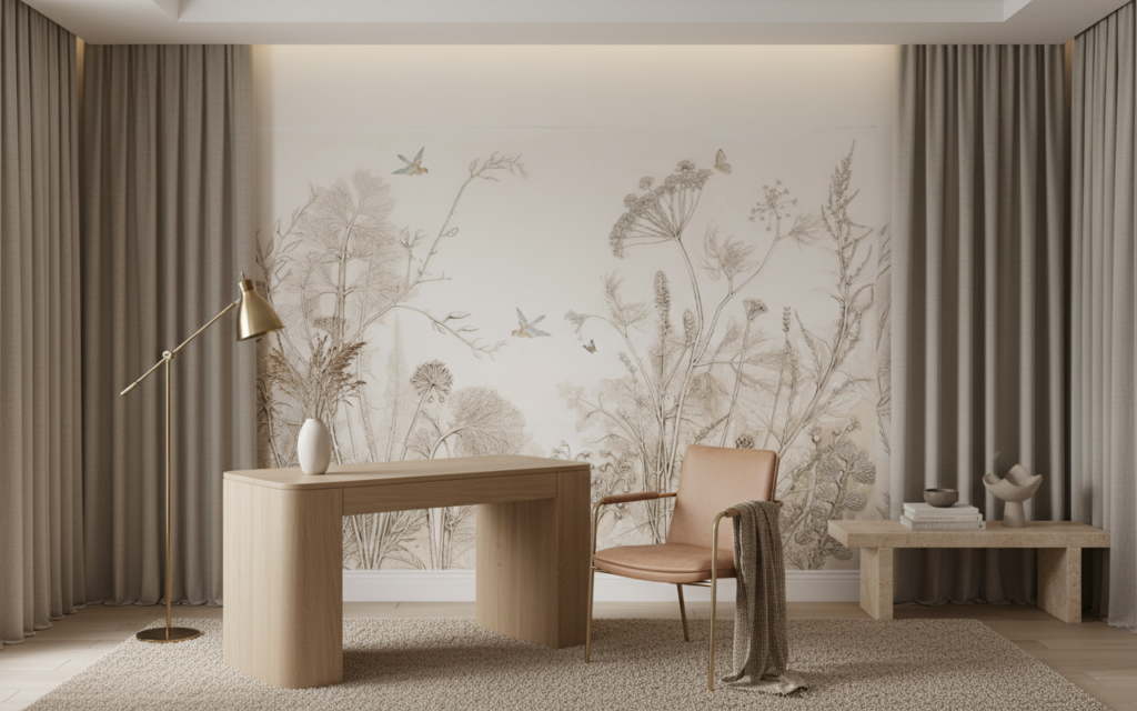 Papier peint nature botanique vintage aux tons beiges et ocres - Bureau