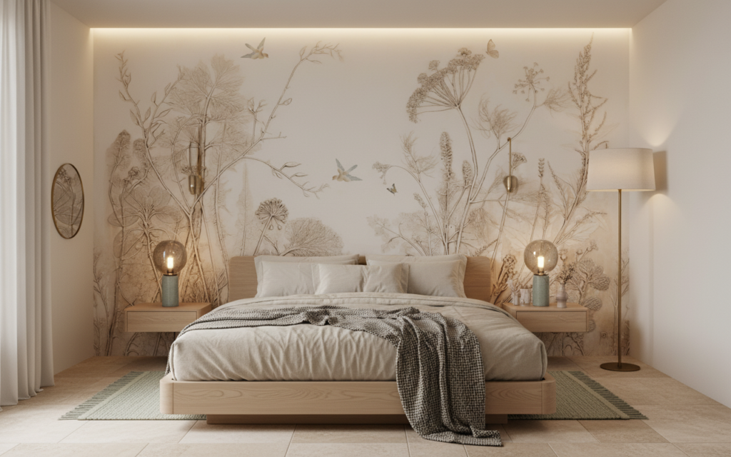 Papier peint nature botanique vintage aux tons beiges et ocres - Chambre adulte